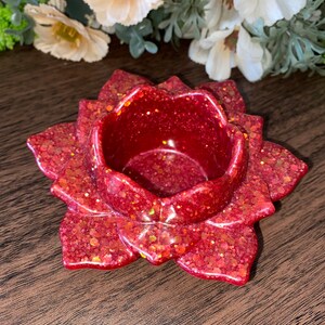 Chunky red glitter lotus flower flameless tea light candle holder
