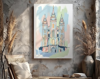 Salt Lake Temple Art, SLC Temple Illustration, Utah Temple Digital Download, Pastel Abstract Wall Art, LDS Décor, Colorful Salt Lake Temple