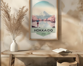 Affiche de voyage emblématique de Hokkaido, art du mont Yotei, décoration Hokkaido, impression de fleurs de cerisier, art mural japonais, téléchargement numérique