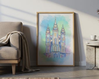 Salt Lake Temple Decor, SLC Temple Art, Utah Temple Digital Download, Pastel Watercolor Wall Art, LDS Décor, Colorful Salt Lake Temple Art