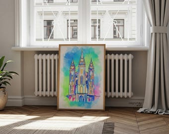 Salt Lake Temple Decor, SLC Temple Art, Utah Temple Digital Download, Bold Abstract LDS Décor, Colorful Jewel Tone Watercolor Print