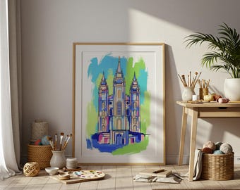 Salt Lake Temple Art, SLC Temple Illustration, Utah Temple Digital Download, Bold Abstract Wall Art, LDS Décor, Vibrant Salt Lake Temple Art