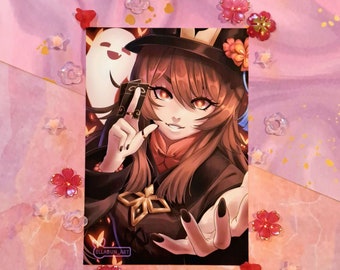 May include: A digital illustration of a woman with long brown hair wearing a black hat and a black and gold outfit. She is holding a playing card in her right hand and has a sly smile on her face. The background is a dark blue with a ghostly figure in the background.