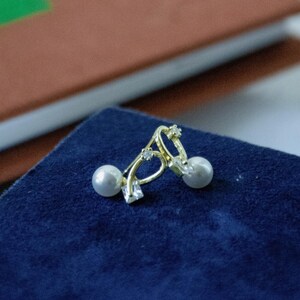 14K Gold Plated Sterling Silver Pearl Bow Stud Earrings Dainty Bowknot Drop Earrings with CZ Accents Cute Elegant Jewelry Gift for Her
