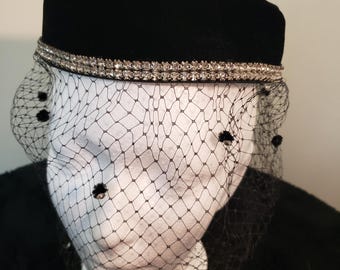 Black Velvet Pillbox Hat with Veil and Rhinestones