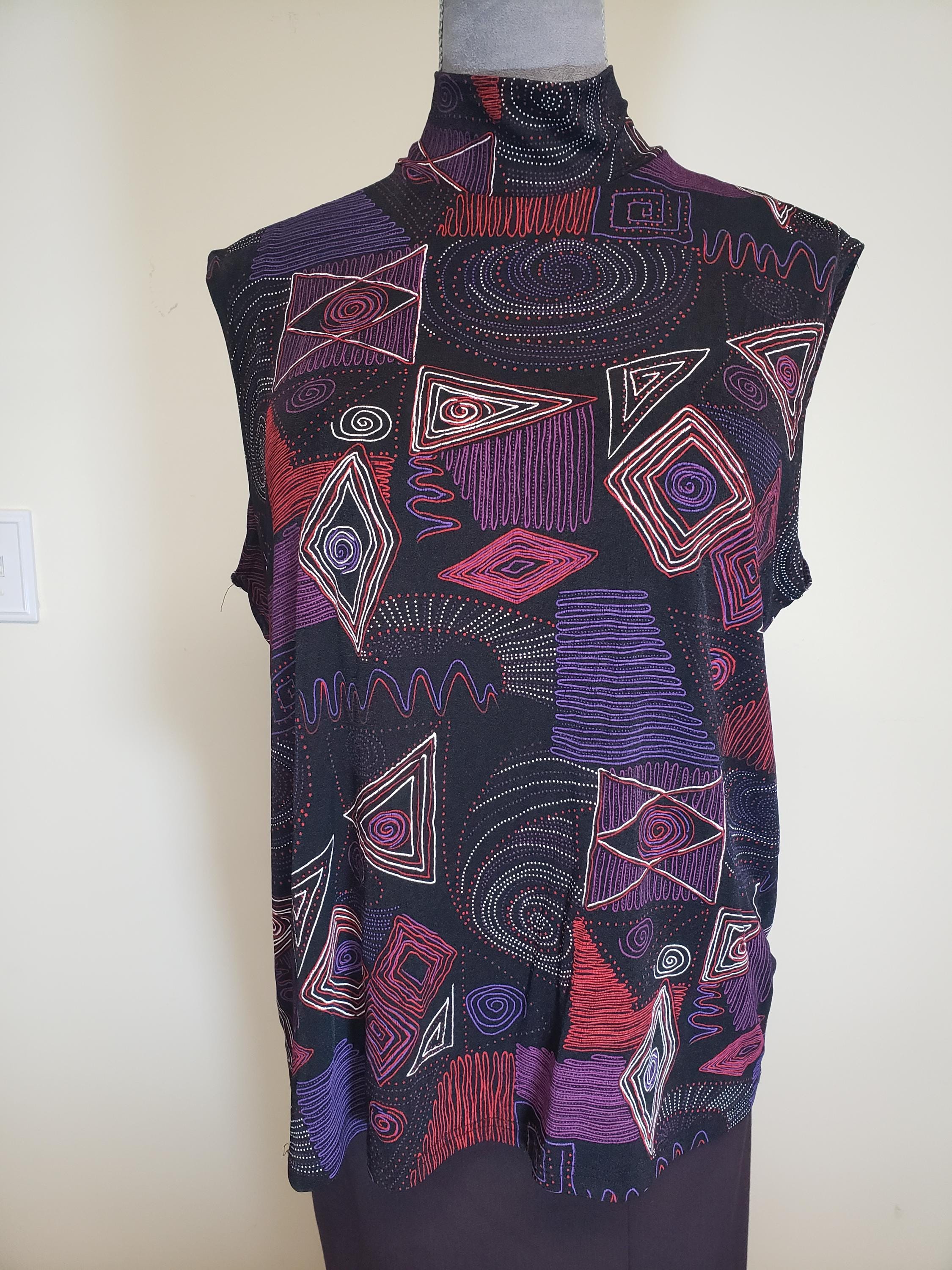 1990s Mock Geometric Patterned Tee - Black and Purple By Susan Lawrence