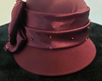 Feminine Burgundy Double Bow Cloche Mid Century Styled Hat