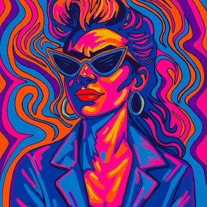 Electric Attitude – Neon Pop Art Woman in Sunglasses – 11x14 Print – Vibrant Psychedelic Portrait