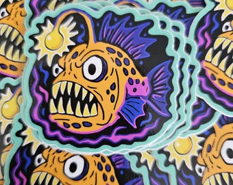 Neon Anglerfish Vinyl Sticker—2.5” Waterproof Vinyl Deep Sea Fish Decal