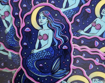 Moonlit Mermaid Vinyl Sticker – 2.5” Waterproof Fantasy Ocean Decal