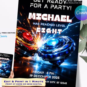 May include: A party invitation featuring two battling toy tops with the name "MICHAEL" in large white letters. The invitation includes the text "HAS REACHED LEVEL EIGHT" and event details. The design is set against a dark background with lightning effects.