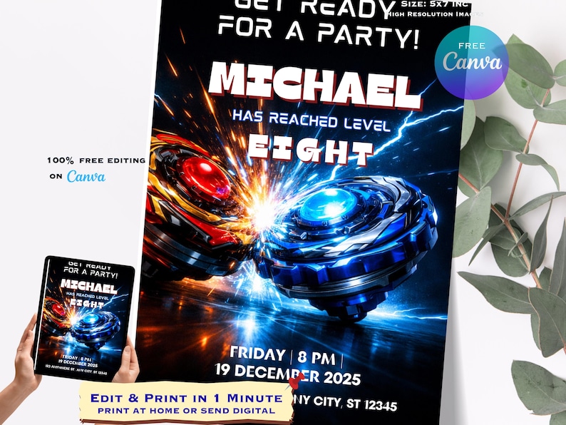 May include: A party invitation featuring two battling toy tops with the name "MICHAEL" in large white letters. The invitation includes the text "HAS REACHED LEVEL EIGHT" and event details. The design is set against a dark background with lightning effects.