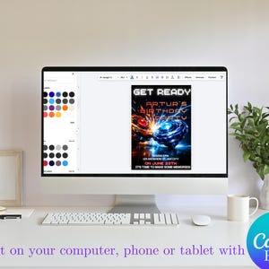 May include: A computer monitor displays a birthday party invitation with the text "GET READY ARTUR'S BIRTHDAY PARTY". The invitation features a blue and red design. The image also includes a keyboard, mouse, and a plant.