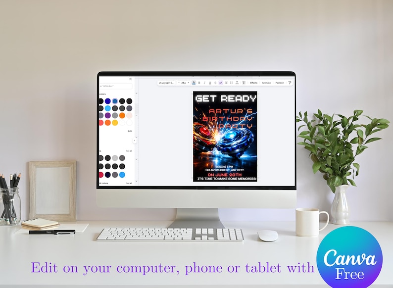 May include: A computer monitor displays a birthday party invitation with the text "GET READY ARTUR'S BIRTHDAY PARTY". The invitation features a blue and red design. The image also includes a keyboard, mouse, and a plant.