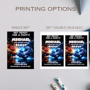 May include: Invitation options for a party, with the text "Get Ready For A Party!" and "Michael has reached level Eight". The invitation is available in single 5x7 inch or double 5x7 inch on 8.5x11 inch formats. The invitation includes the date and time.