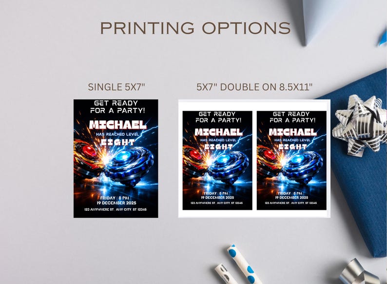 May include: Invitation options for a party, with the text "Get Ready For A Party!" and "Michael has reached level Eight". The invitation is available in single 5x7 inch or double 5x7 inch on 8.5x11 inch formats. The invitation includes the date and time.
