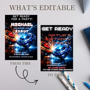 May include: Two party invitation designs with a futuristic theme. One says "Michael has reached level eight" and the other says "Artur's Birthday Party". Both feature a blue and red spinning top design with text that reads "Get Ready".