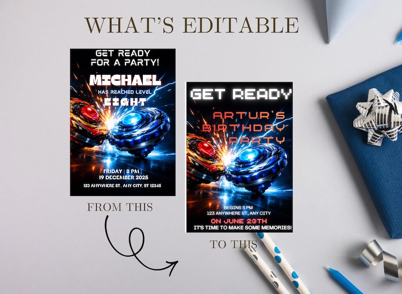 May include: Two party invitation designs with a futuristic theme. One says "Michael has reached level eight" and the other says "Artur's Birthday Party". Both feature a blue and red spinning top design with text that reads "Get Ready".
