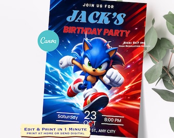 Sonic the Hedgehog Birthday Invitation, Blue Hedgehog Party Card, Superhero Sonic Invite, Easy Editable and Printable, Instant Download