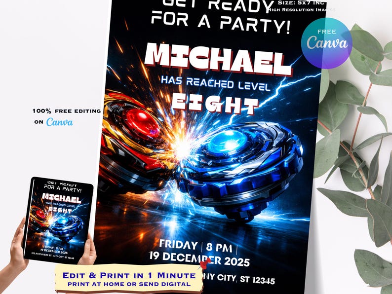 May include: A party invitation featuring two battling toy tops with the name "MICHAEL" in large white letters. The invitation includes the text "HAS REACHED LEVEL EIGHT" and event details. The design is set against a dark background with lightning effects.