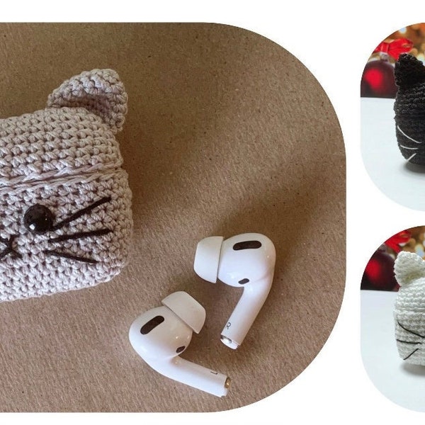 5 in 1 - White/ Black/Grey Cat AirPods 1/2/3/Pro/Pro 2 Case - CROCHET PATTERN - Download File PDF- English Pattern