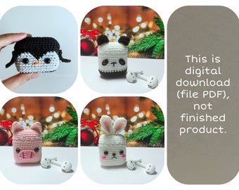 Patrón de funda para AirPods con forma de animales a crochet: pingüino, panda, cerdo, conejo (patrón en PDF)