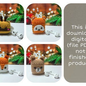 Könnte beinhalten: Vier gehäkelte Airpod-Hüllen, jede mit einem anderen Tier: eine Biene, ein Fuchs, ein Bär und ein Reh. Die Hüllen werden auf einem weißen Hintergrund mit einem grünen Kiefernzweig und Weihnachtslichtern präsentiert.