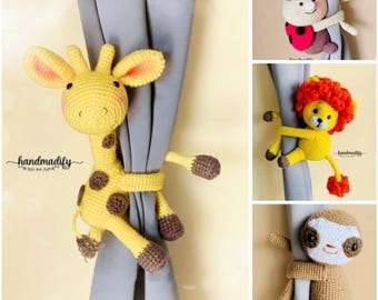 Crochet Pattern - 4 in 1 - Crochet Giraffe, Lion, Sloth, Ladybug Curtain Tie Back Pattern – PDF Digital Download