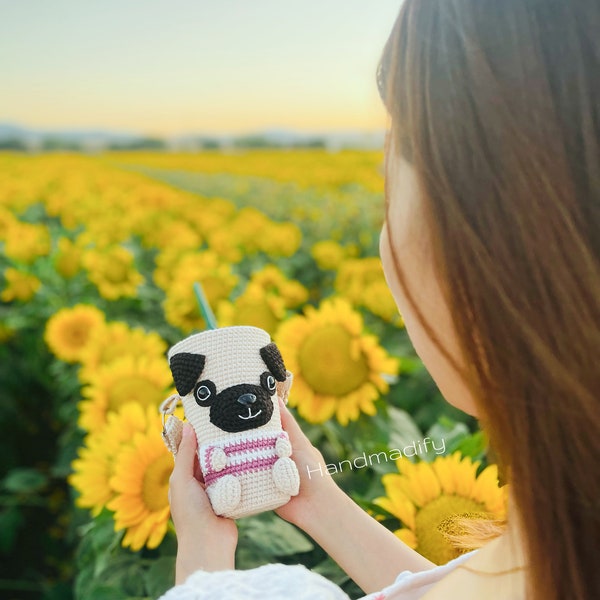 CROCHET PATTERN - Pug Coffee/ Tea Cozy 16oz - Animals Coffee/ Tea Sleeve - Download File PDF- English Pattern-Instant Download