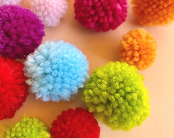 6 Pack - Yarn Pom Poms - Assorted Colors Available - Crafting Pom Poms - 1.5" and 3/4"