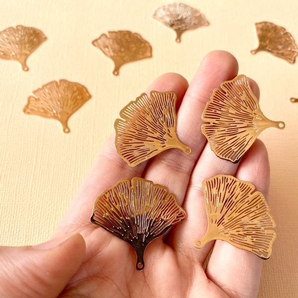 Rose Gold Findings For Jewelry Making - 10 PACK - Ginkgo Leaf, Lightweight Gold Findings, Jewelry Supplies, Brass Findings