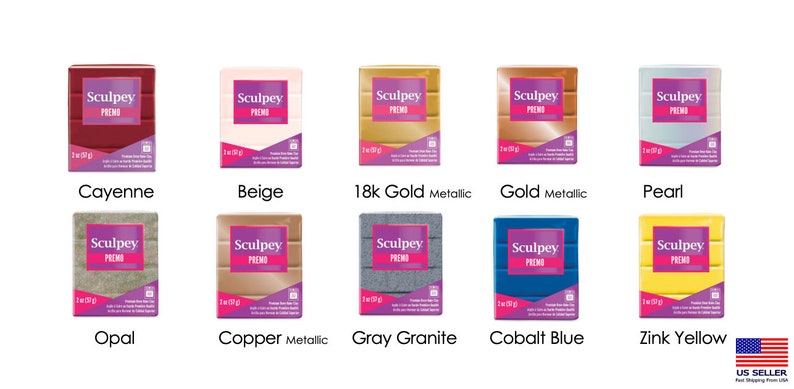 Peut inclure: Dix couleurs diff&eacute;rentes d'argile polym&egrave;re Sculpey Premo, dont Cayenne, Beige, Or 18 carats m&eacute;tallis&eacute;, Or m&eacute;tallis&eacute;, Perle, Opale, Cuivre m&eacute;tallis&eacute;, Gris granit, Bleu cobalt et Jaune zinc.