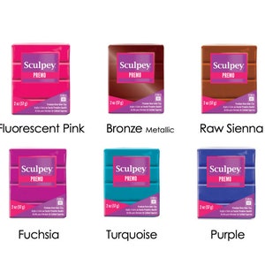 Peut inclure: Assortiment de 10 couleurs d'argile polym&egrave;re Sculpey Premo, chaque paquet de 57 grammes. Les couleurs comprennent Translucide, Rose fluorescent, Bronze m&eacute;tallis&eacute;, Sienne br&ucirc;l&eacute;e, Rouge cadmium, Rouge d'alizarine, Fuchsia, Turquoise, Violet et Vert.