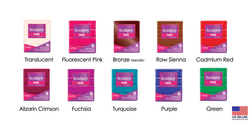 Peut inclure: Assortiment de 10 couleurs d'argile polym&egrave;re Sculpey Premo, chaque paquet de 57 grammes. Les couleurs comprennent Translucide, Rose fluorescent, Bronze m&eacute;tallis&eacute;, Sienne br&ucirc;l&eacute;e, Rouge cadmium, Rouge d'alizarine, Fuchsia, Turquoise, Violet et Vert.