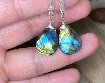 Sterling silver Labradorite drop earrings- wire wrapped Labradorite earrings- sterling silver earrings