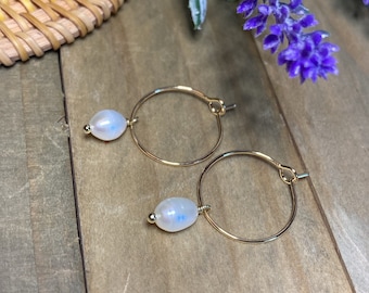 Freshwater pearl hoops- minimalist pearl ear hoops- gold plated brass hoops. Simple pearl hoop earrings