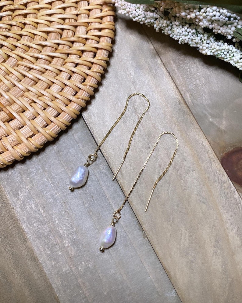 Freshwater pearl threader earrings dainty threader earrings 14k gold plated .925 Rose Gold .925 silver Rhodium Plated .925 Silver image 2