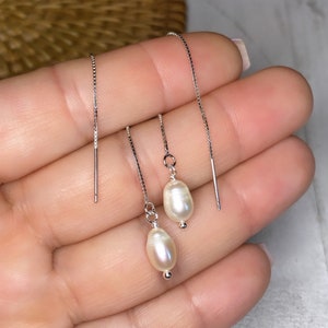 Freshwater pearl threader earrings dainty threader earrings 14k gold plated .925 Rose Gold .925 silver Rhodium Plated .925 Silver image 5