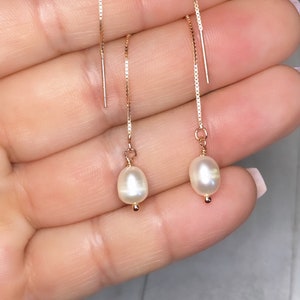 Freshwater pearl threader earrings dainty threader earrings 14k gold plated .925 Rose Gold .925 silver Rhodium Plated .925 Silver Rose Gold