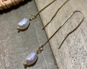 Freshwater pearl threader earrings- dainty threader earrings- 14k gold plated .925- Rose Gold .925 silver- Rhodium Plated .925 Silver