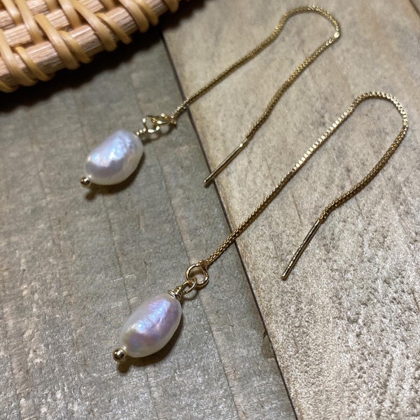Freshwater pearl threader earrings- dainty threader earrings- 14k gold plated .925- Rose Gold .925 silver- Rhodium Plated .925 Silver