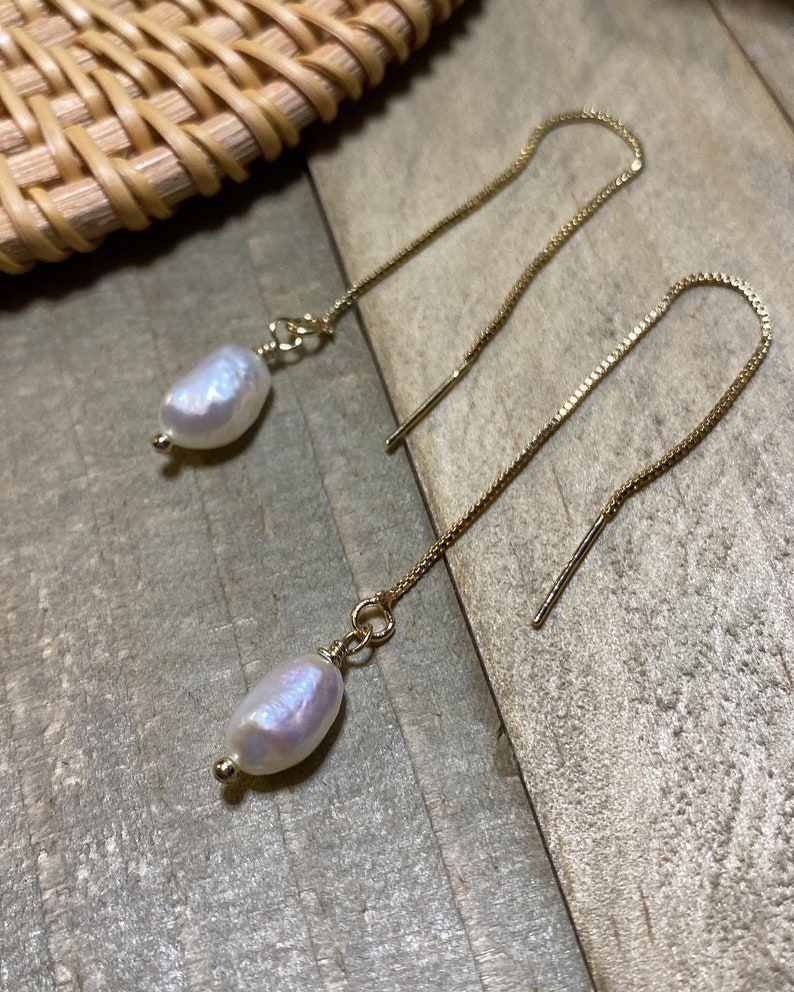 Freshwater pearl threader earrings dainty threader earrings 14k gold plated .925 Rose Gold .925 silver Rhodium Plated .925 Silver image 1