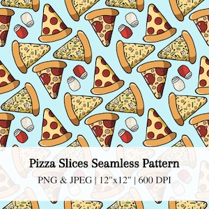 Puede incluir: Patrón sin costuras con rebanadas de pizza de dibujos animados con ingredientes de pepperoni y champiñones, junto con saleros y pimenteros, sobre un fondo azul claro. El patrón se titula "Pizza Slices Seamless Pattern" y mide 30,48 cm x 30,48 cm.