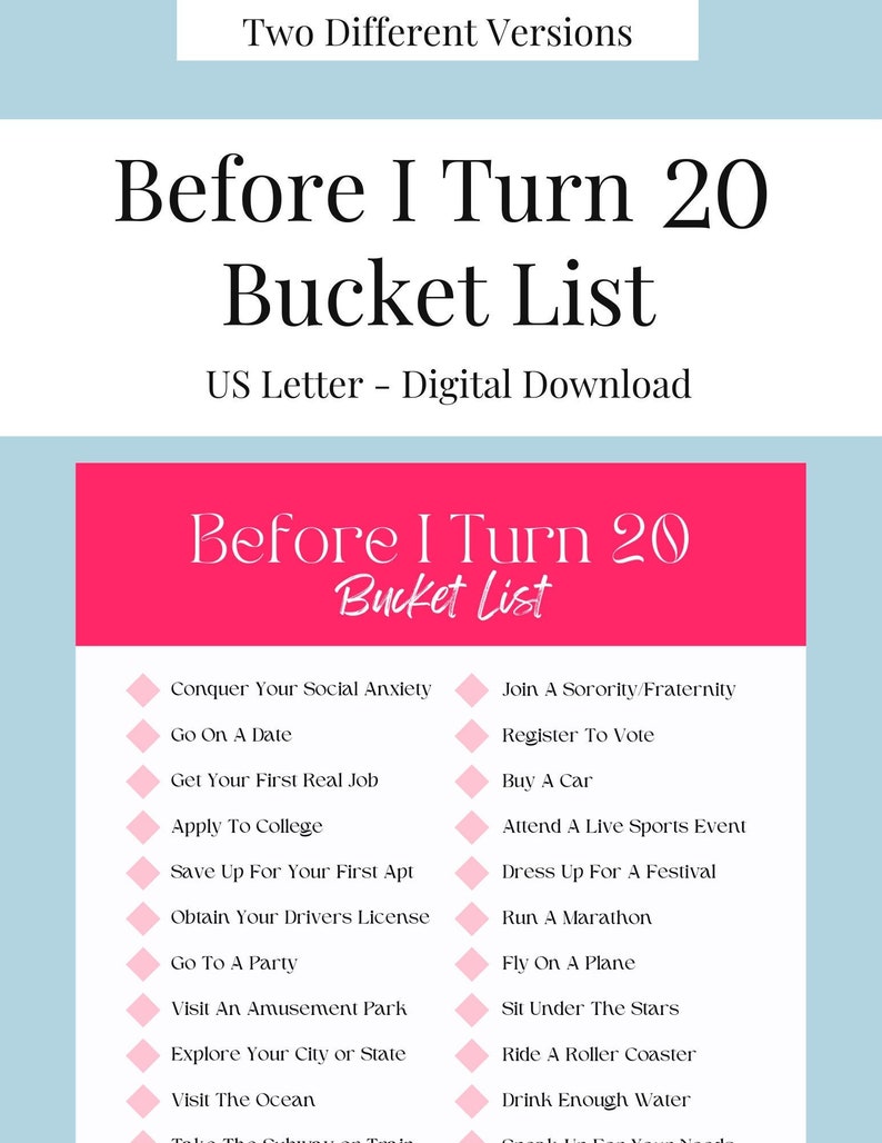 Before I Turn 20 Bucket List Life Goals Planner to Do List Etsy