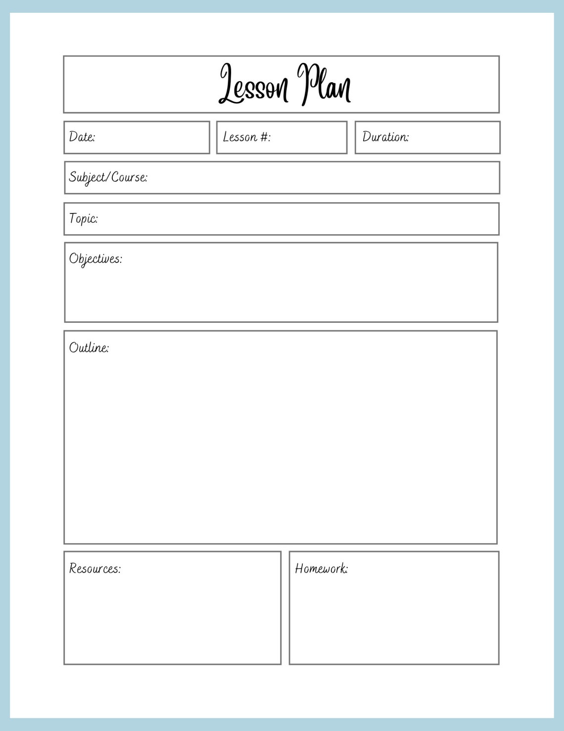 Lesson Plan Template Simple Lesson Plan High & Low Level - Etsy