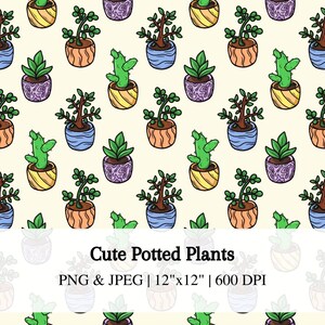 May include: A repeating pattern of cartoon potted plants in various styles. The plants are in pots of different colors, including yellow, blue, orange, and purple. The image includes the text "Cute Potted Plants" and the dimensions 12"x12".