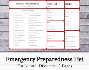 Emergency Preparedness List | Natural Disasters | Basic Supplies List | Printable | Red, Black and White | US Letter