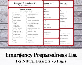 Emergency Preparedness List | Natural Disasters | Basic Supplies List | Printable | Red, Black and White | US Letter