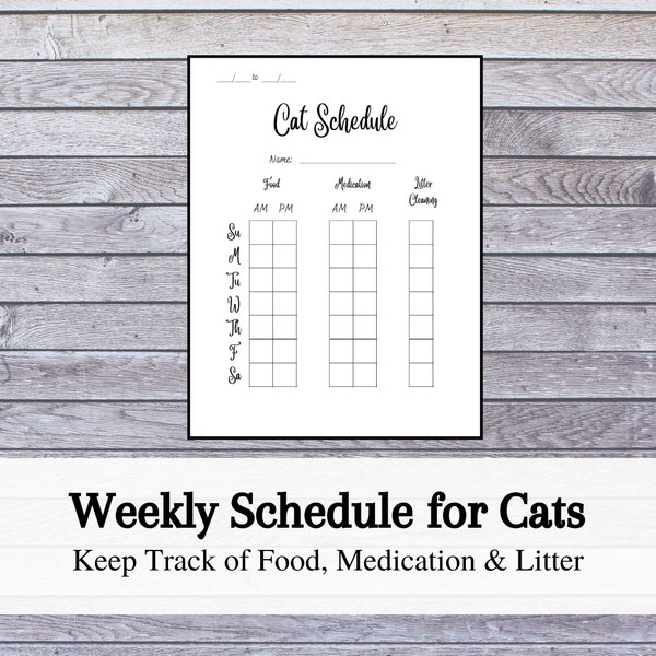 Weekly Cat Schedule | Pet Schedule | Food, Medication & Litter Cleaning | Minimalist | US Letter