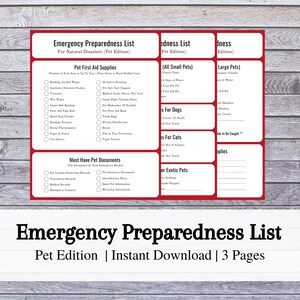 May include: A printable checklist for pet owners to prepare for natural disasters. The checklist is divided into three sections: Pet First Aid Supplies, Must Have Pet Documents, and Emergency Preparedness List. The checklist includes items such as bandages, medication, pet licenses, and emergency contacts.